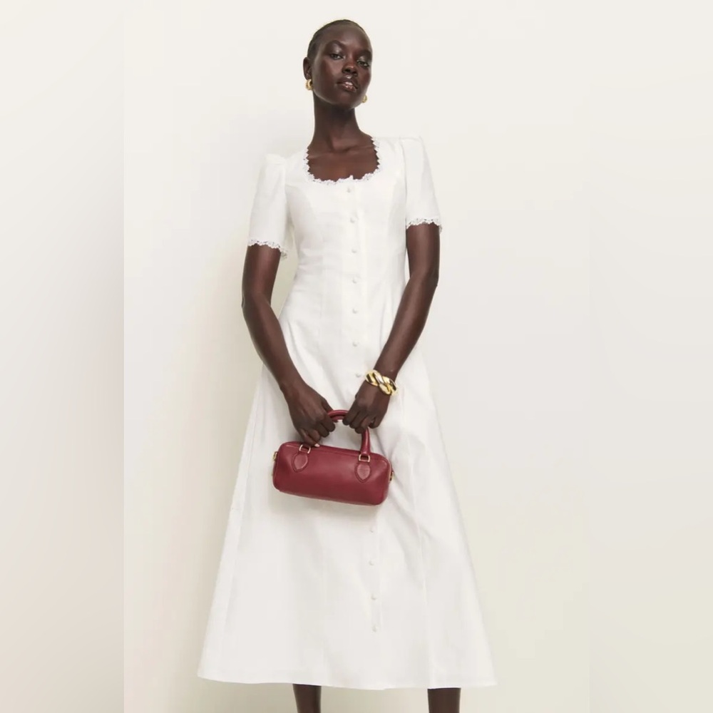 Reformation Alida lace trim short sleeve button down midi dress in white